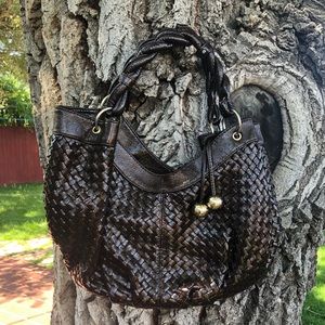 Loeffler Randal brown weaved patent leather purse